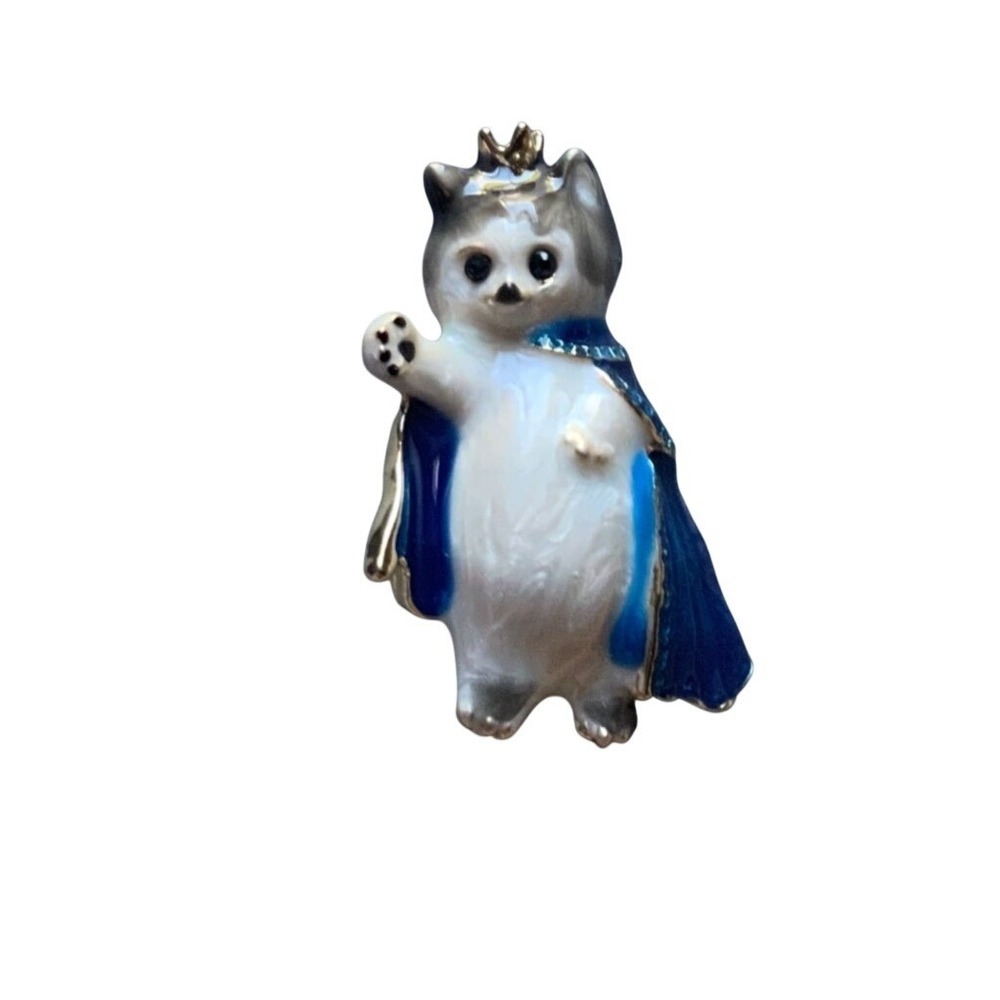 Enamel Royal Cat Pin Brooch Blue Cape Gold Crown Waving Kitty White Grey
